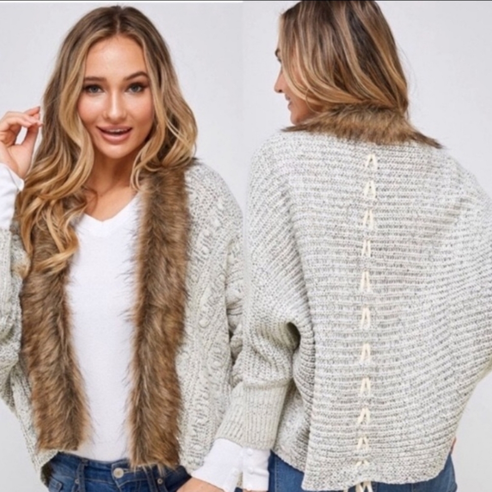 Cozy Cream Knit Cardigan with Faux Fur Trim